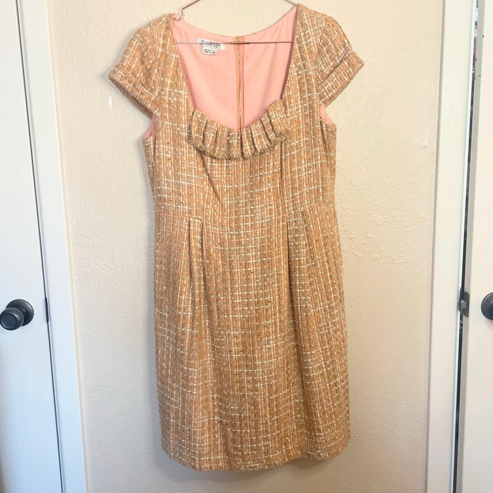 Kay Unger Tweed Dress Quiet Luxury Silk Blend Pink Tan Size 14